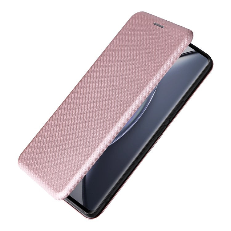 For vivo X90 Pro+ 5G Carbon Fiber Texture PU Leather Phone Stand Case Card Holder Magnetic Auto Closing Protective Cover - Rose Gold