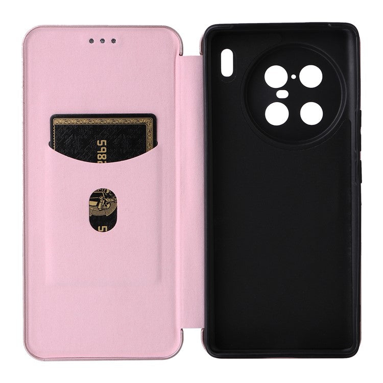 For vivo X90 Pro+ 5G Carbon Fiber Texture PU Leather Phone Stand Case Card Holder Magnetic Auto Closing Protective Cover - Rose Gold