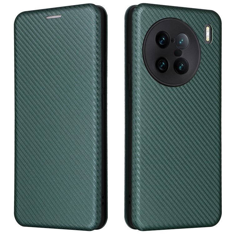 For vivo X90 Pro+ 5G Carbon Fiber Texture PU Leather Phone Stand Case Card Holder Magnetic Auto Closing Protective Cover - Green