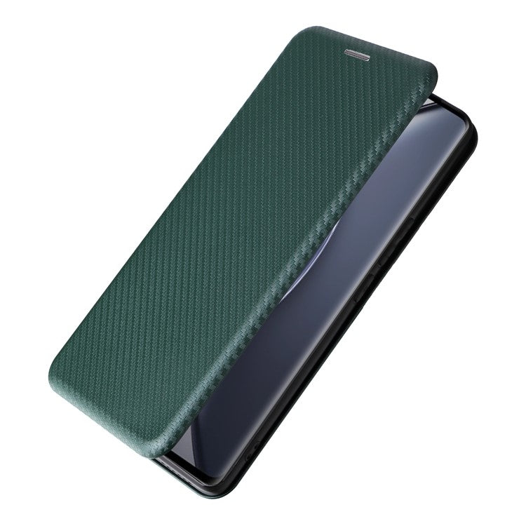 For vivo X90 Pro+ 5G Carbon Fiber Texture PU Leather Phone Stand Case Card Holder Magnetic Auto Closing Protective Cover - Green