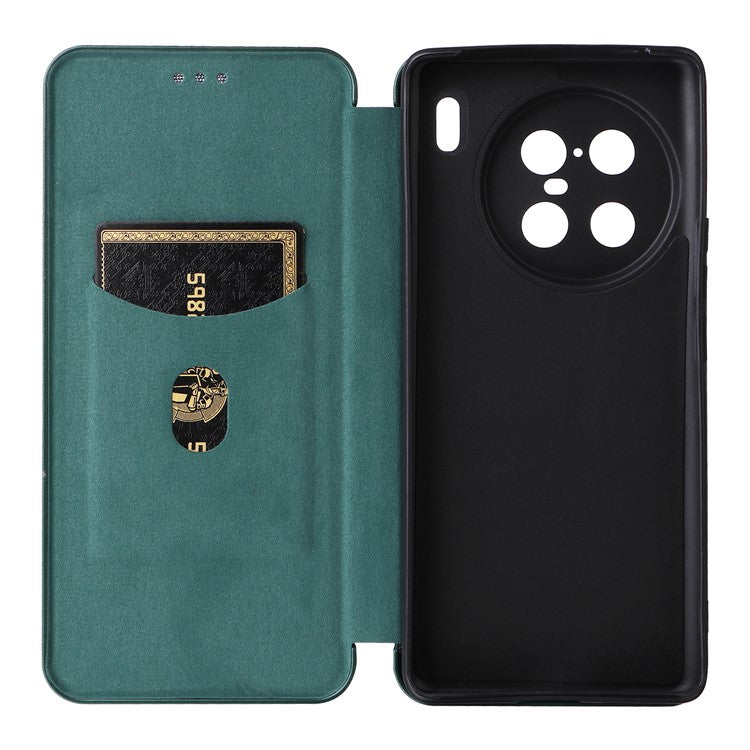 For vivo X90 Pro+ 5G Carbon Fiber Texture PU Leather Phone Stand Case Card Holder Magnetic Auto Closing Protective Cover - Green