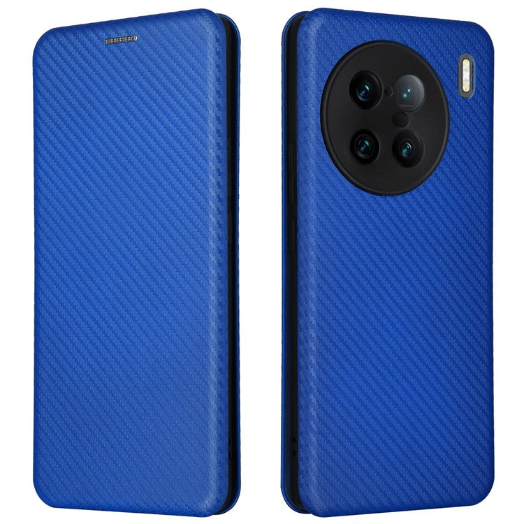 For vivo X90 Pro+ 5G Carbon Fiber Texture PU Leather Phone Stand Case Card Holder Magnetic Auto Closing Protective Cover - Blue