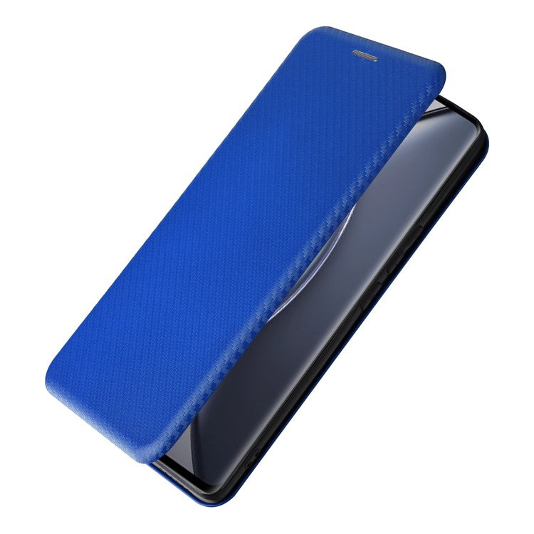 For vivo X90 Pro+ 5G Carbon Fiber Texture PU Leather Phone Stand Case Card Holder Magnetic Auto Closing Protective Cover - Blue