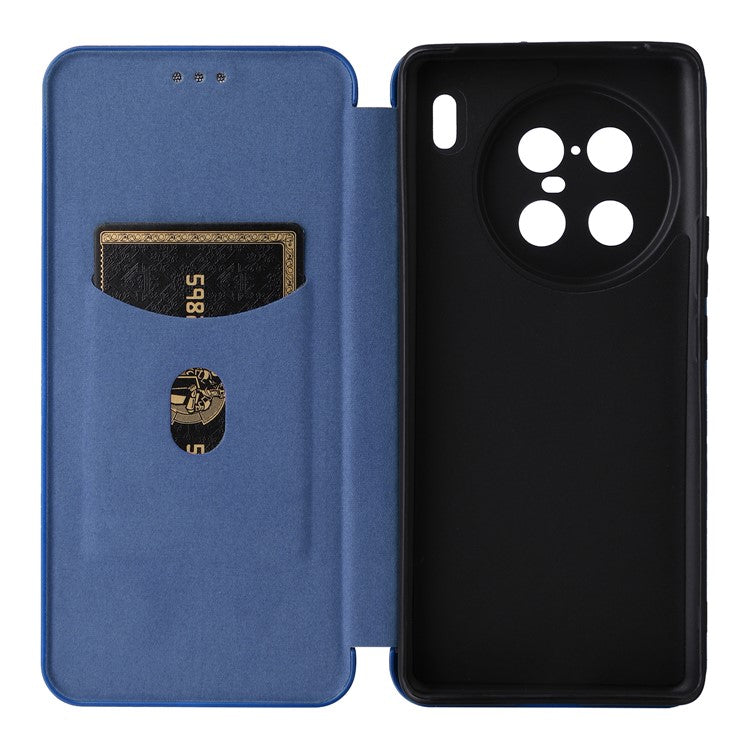 For vivo X90 Pro+ 5G Carbon Fiber Texture PU Leather Phone Stand Case Card Holder Magnetic Auto Closing Protective Cover - Blue