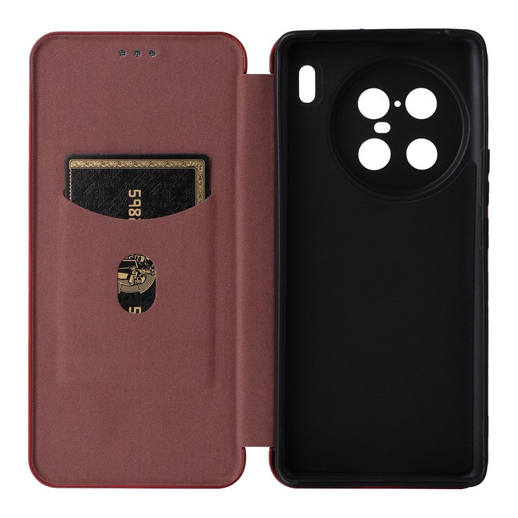 For vivo X90 Pro+ 5G Carbon Fiber Texture PU Leather Phone Stand Case Card Holder Magnetic Auto Closing Protective Cover - Brown