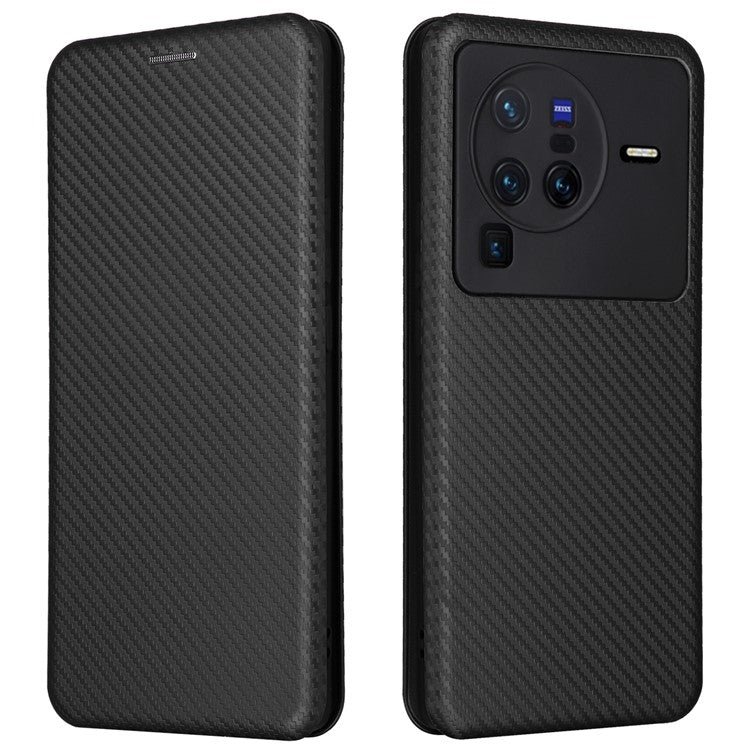 For vivo X80 Pro 5G Carbon Fiber Texture PU Leather Stand Case Magnetic Auto-absorbed Folio Flip Phone Cover with Card Holder - Black