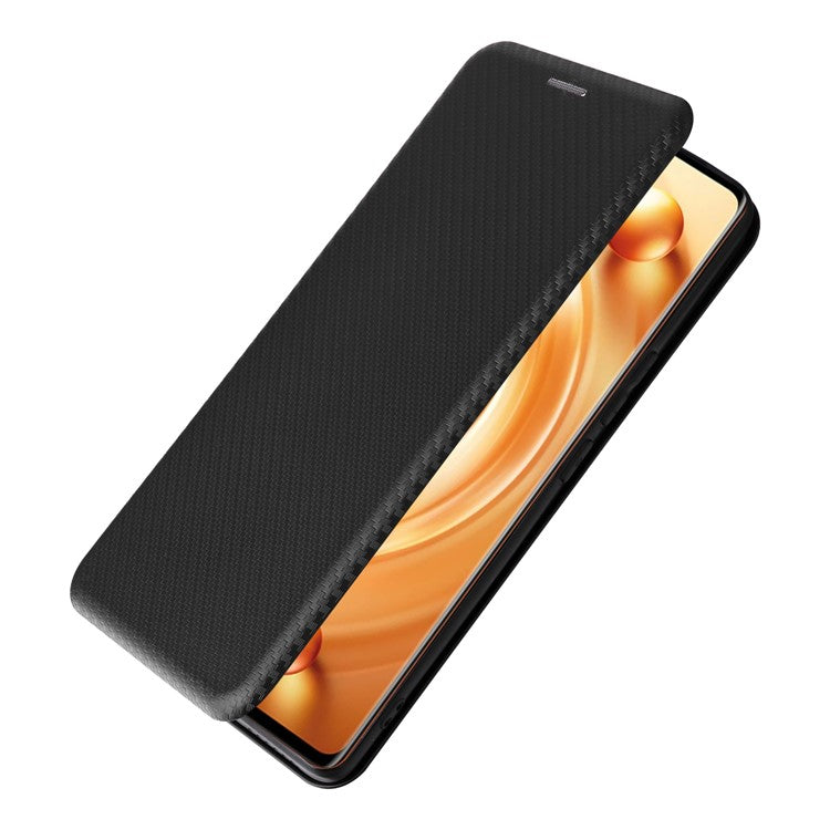 For vivo X80 Pro 5G Carbon Fiber Texture PU Leather Stand Case Magnetic Auto-absorbed Folio Flip Phone Cover with Card Holder - Black