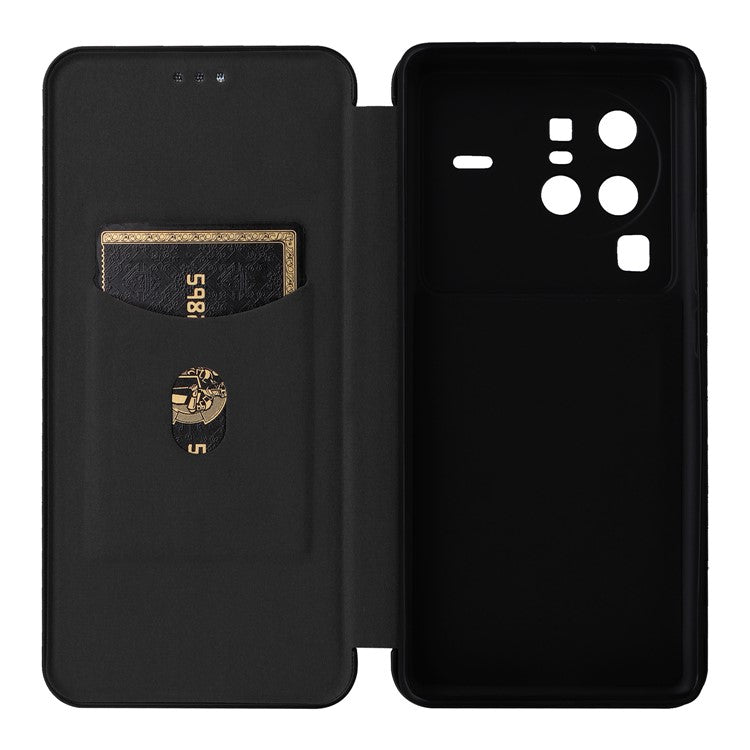 For vivo X80 Pro 5G Carbon Fiber Texture PU Leather Stand Case Magnetic Auto-absorbed Folio Flip Phone Cover with Card Holder - Black