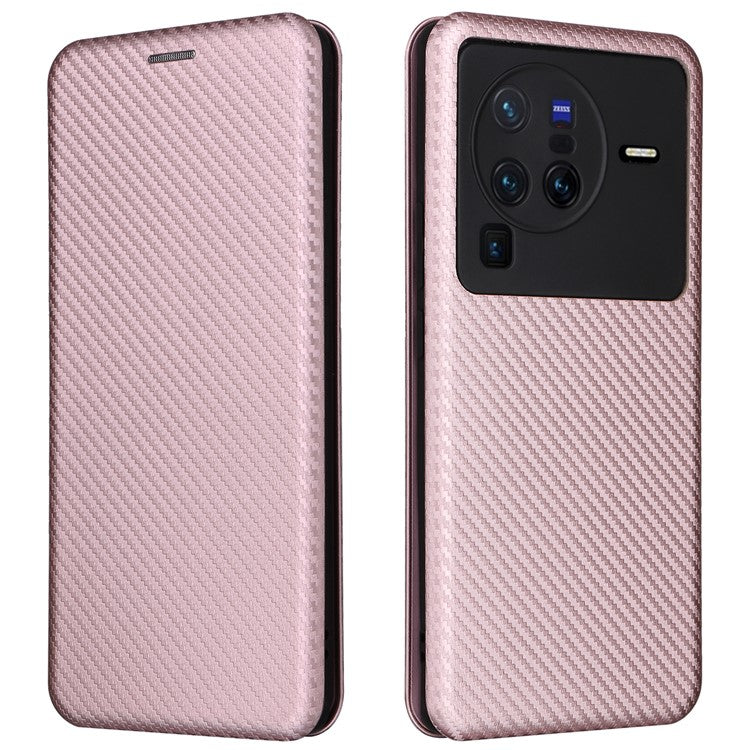 For vivo X80 Pro 5G Carbon Fiber Texture PU Leather Stand Case Magnetic Auto-absorbed Folio Flip Phone Cover with Card Holder - Rose Gold