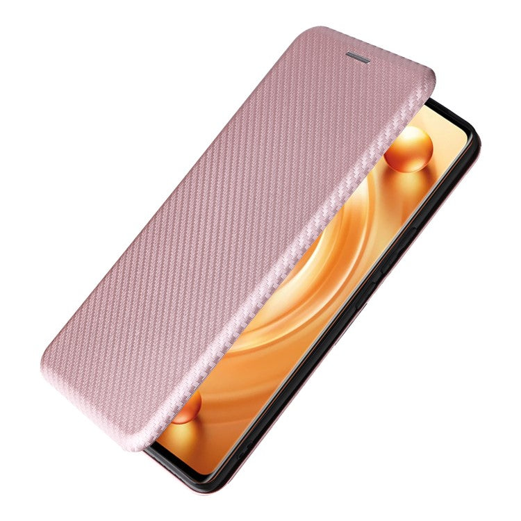 For vivo X80 Pro 5G Carbon Fiber Texture PU Leather Stand Case Magnetic Auto-absorbed Folio Flip Phone Cover with Card Holder - Rose Gold