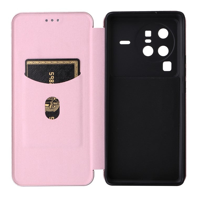 For vivo X80 Pro 5G Carbon Fiber Texture PU Leather Stand Case Magnetic Auto-absorbed Folio Flip Phone Cover with Card Holder - Rose Gold