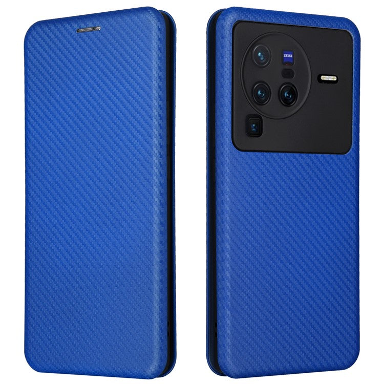 For vivo X80 Pro 5G Carbon Fiber Texture PU Leather Stand Case Magnetic Auto-absorbed Folio Flip Phone Cover with Card Holder - Blue