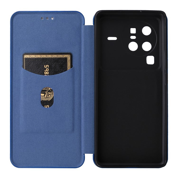 For vivo X80 Pro 5G Carbon Fiber Texture PU Leather Stand Case Magnetic Auto-absorbed Folio Flip Phone Cover with Card Holder - Blue