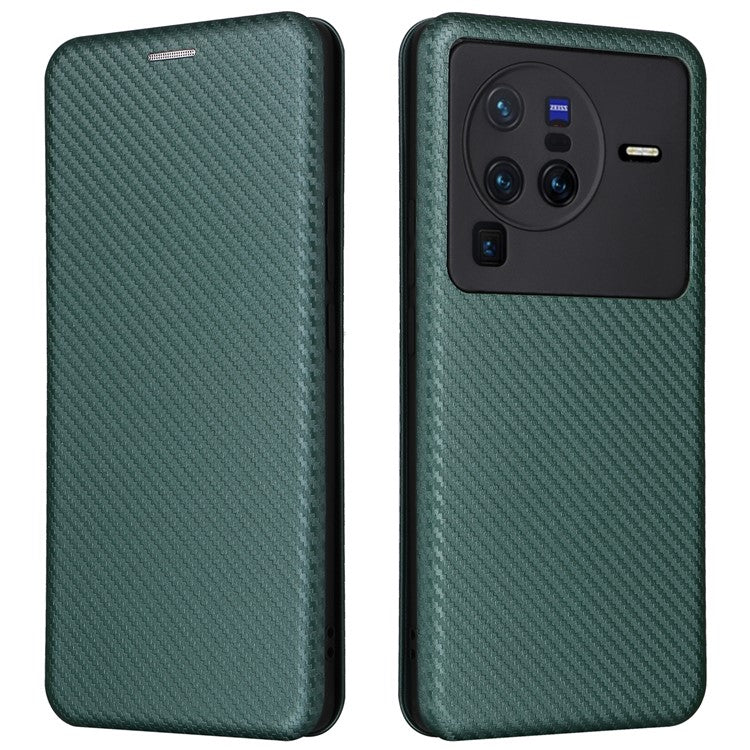 For vivo X80 Pro 5G Carbon Fiber Texture PU Leather Stand Case Magnetic Auto-absorbed Folio Flip Phone Cover with Card Holder - Green