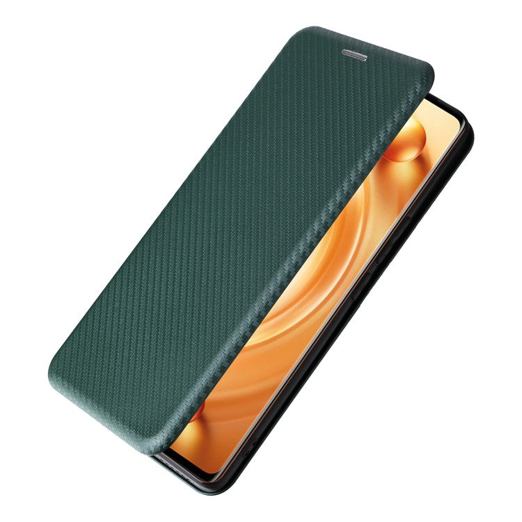 For vivo X80 Pro 5G Carbon Fiber Texture PU Leather Stand Case Magnetic Auto-absorbed Folio Flip Phone Cover with Card Holder - Green