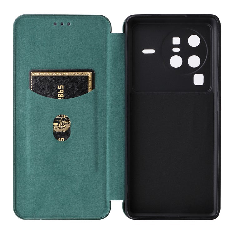 For vivo X80 Pro 5G Carbon Fiber Texture PU Leather Stand Case Magnetic Auto-absorbed Folio Flip Phone Cover with Card Holder - Green