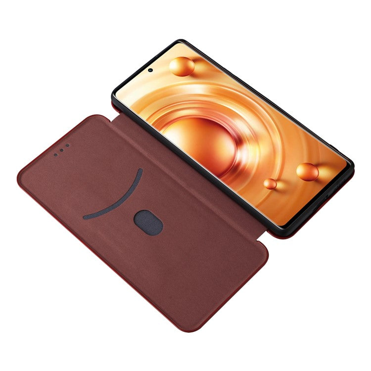 For vivo X80 Pro 5G Carbon Fiber Texture PU Leather Stand Case Magnetic Auto-absorbed Folio Flip Phone Cover with Card Holder - Brown