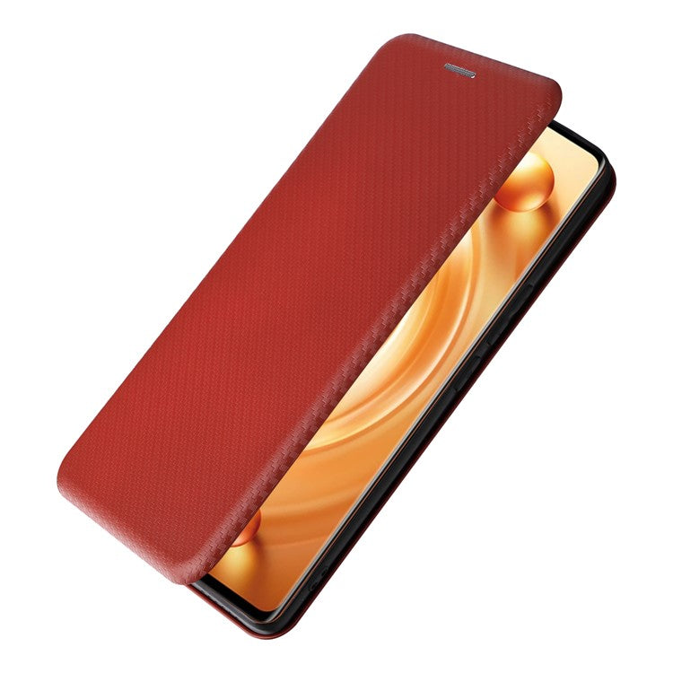 For vivo X80 Pro 5G Carbon Fiber Texture PU Leather Stand Case Magnetic Auto-absorbed Folio Flip Phone Cover with Card Holder - Brown