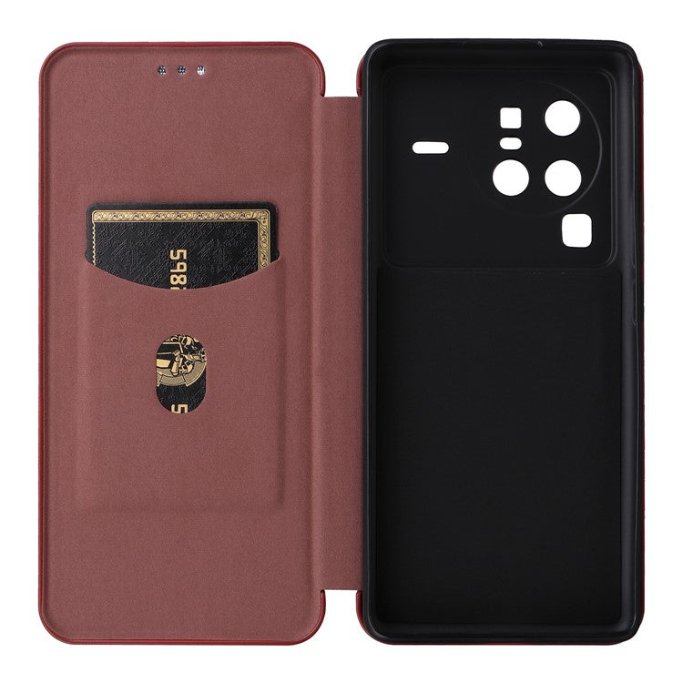 For vivo X80 Pro 5G Carbon Fiber Texture PU Leather Stand Case Magnetic Auto-absorbed Folio Flip Phone Cover with Card Holder - Brown