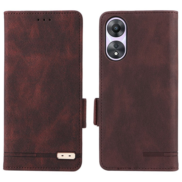 Shockproof Phone Cover for Oppo A58 5G, Hardware Decor Dual Magnetic Clasp Wallet Hands-free Stand PU Leather Phone Case - Coffee