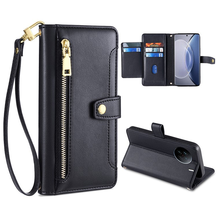 For vivo X90 5G PU Leather Stand Case Zipper Pocket Card Slots Well-protected Flip Phone Cover with Wrist Strap and Shoulder Strap - Black