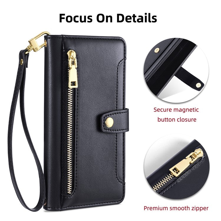 For vivo X90 5G PU Leather Stand Case Zipper Pocket Card Slots Well-protected Flip Phone Cover with Wrist Strap and Shoulder Strap - Black