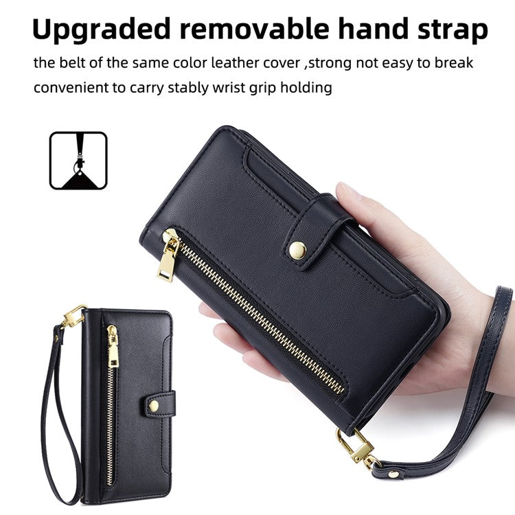 For vivo X90 5G PU Leather Stand Case Zipper Pocket Card Slots Well-protected Flip Phone Cover with Wrist Strap and Shoulder Strap - Black