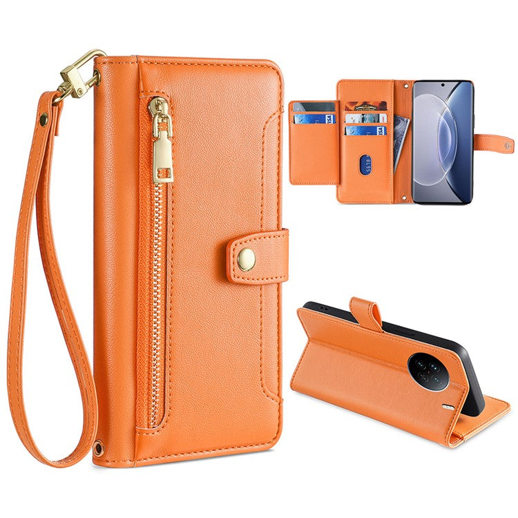 For vivo X90 5G PU Leather Stand Case Zipper Pocket Card Slots Well-protected Flip Phone Cover with Wrist Strap and Shoulder Strap - Orange