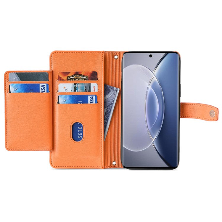 For vivo X90 5G PU Leather Stand Case Zipper Pocket Card Slots Well-protected Flip Phone Cover with Wrist Strap and Shoulder Strap - Orange