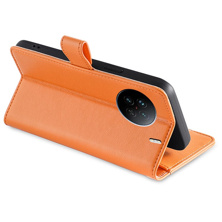 For vivo X90 5G PU Leather Stand Case Zipper Pocket Card Slots Well-protected Flip Phone Cover with Wrist Strap and Shoulder Strap - Orange