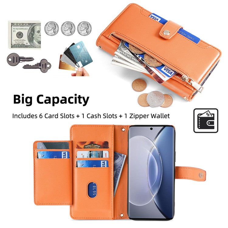 For vivo X90 5G PU Leather Stand Case Zipper Pocket Card Slots Well-protected Flip Phone Cover with Wrist Strap and Shoulder Strap - Orange