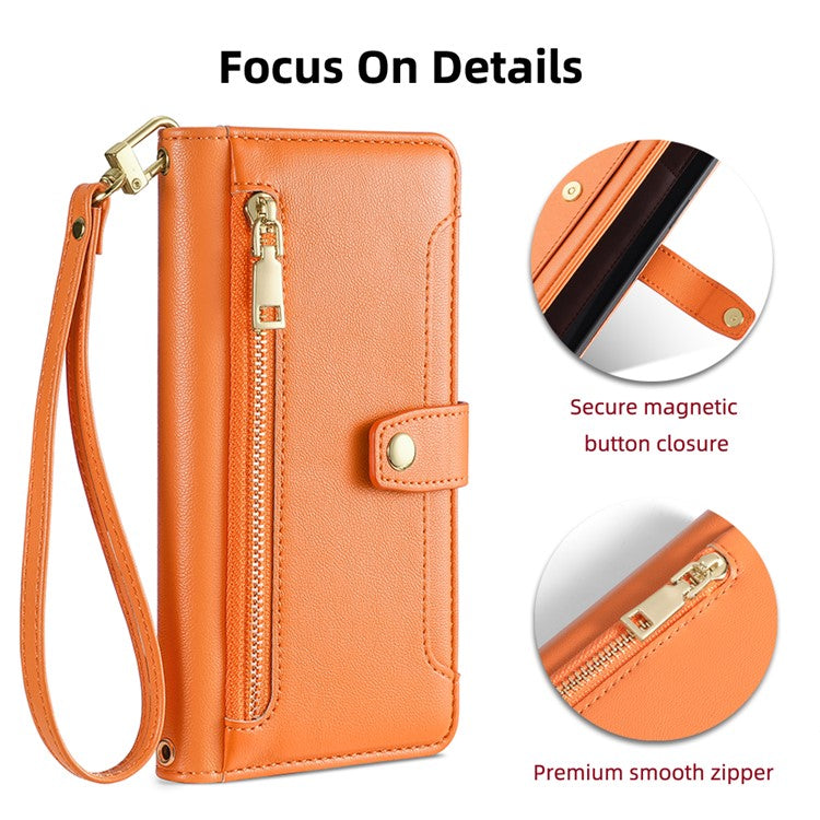 For vivo X90 5G PU Leather Stand Case Zipper Pocket Card Slots Well-protected Flip Phone Cover with Wrist Strap and Shoulder Strap - Orange