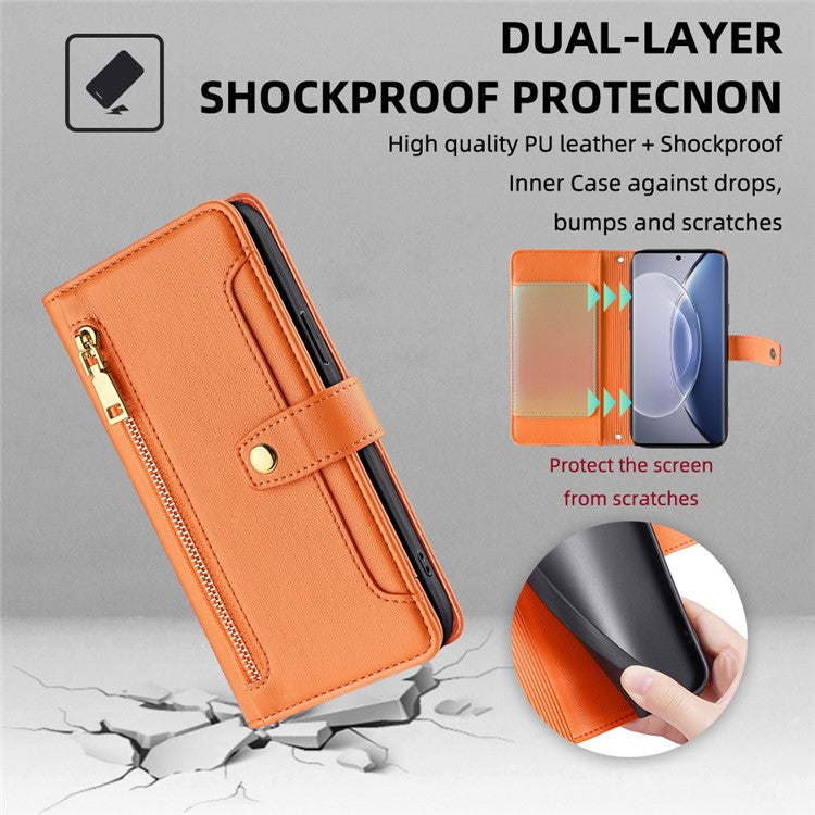 For vivo X90 5G PU Leather Stand Case Zipper Pocket Card Slots Well-protected Flip Phone Cover with Wrist Strap and Shoulder Strap - Orange