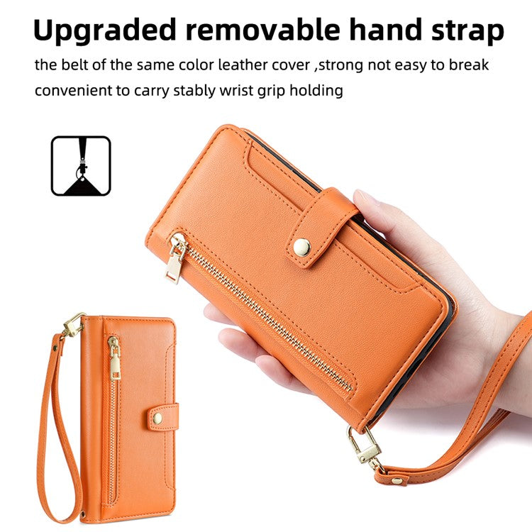 For vivo X90 5G PU Leather Stand Case Zipper Pocket Card Slots Well-protected Flip Phone Cover with Wrist Strap and Shoulder Strap - Orange