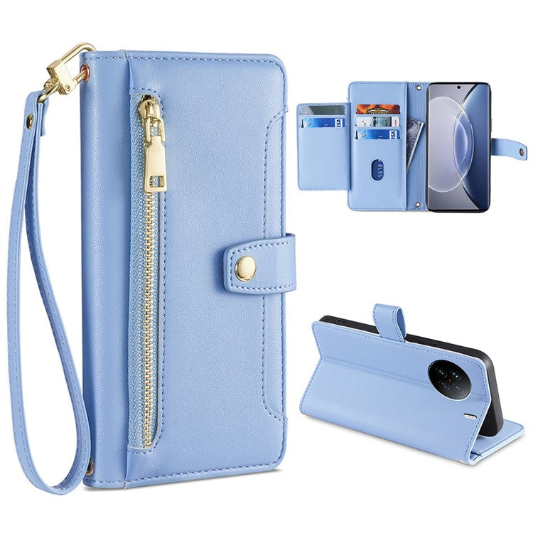 For vivo X90 5G PU Leather Stand Case Zipper Pocket Card Slots Well-protected Flip Phone Cover with Wrist Strap and Shoulder Strap - Blue