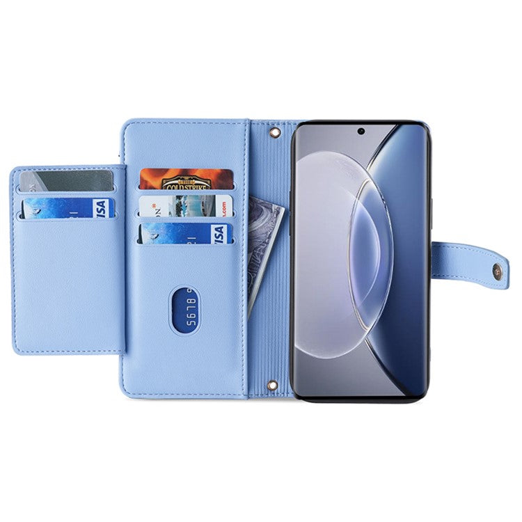 For vivo X90 5G PU Leather Stand Case Zipper Pocket Card Slots Well-protected Flip Phone Cover with Wrist Strap and Shoulder Strap - Blue