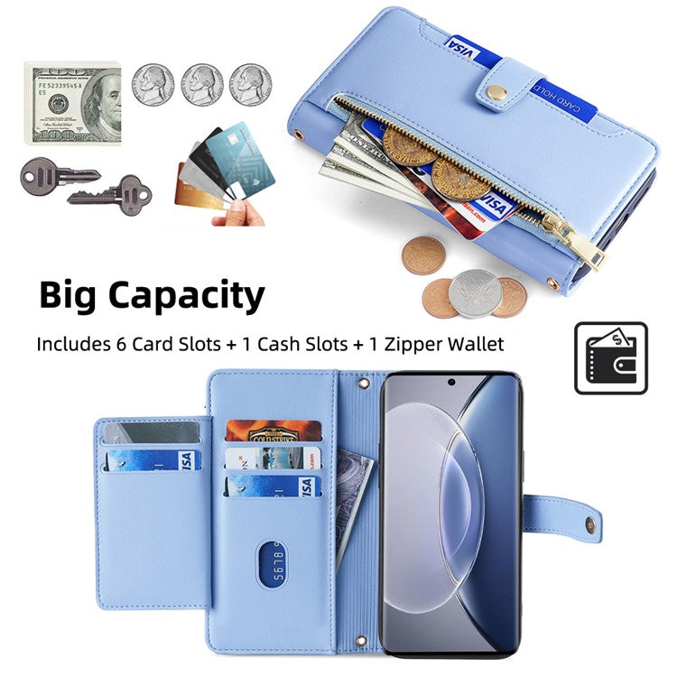 For vivo X90 5G PU Leather Stand Case Zipper Pocket Card Slots Well-protected Flip Phone Cover with Wrist Strap and Shoulder Strap - Blue