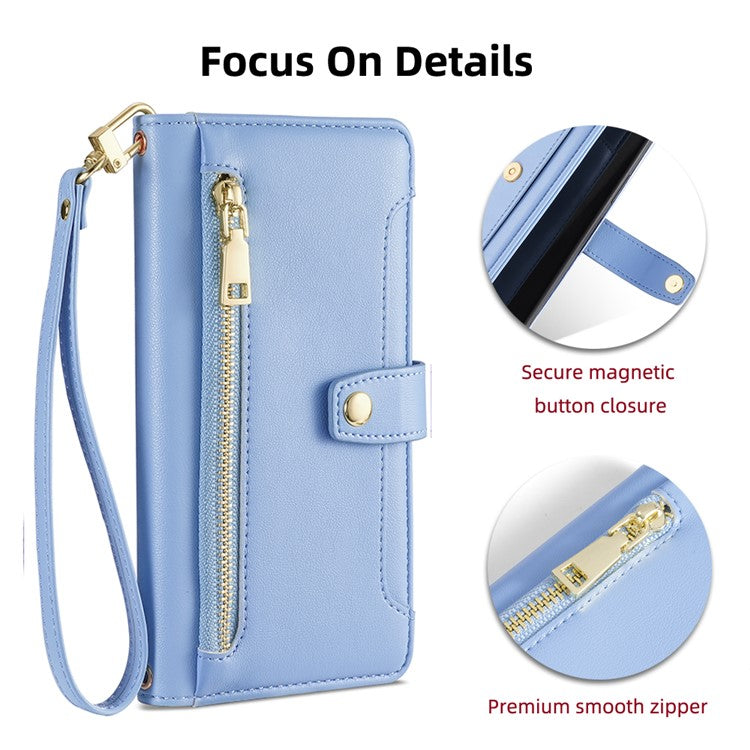 For vivo X90 5G PU Leather Stand Case Zipper Pocket Card Slots Well-protected Flip Phone Cover with Wrist Strap and Shoulder Strap - Blue