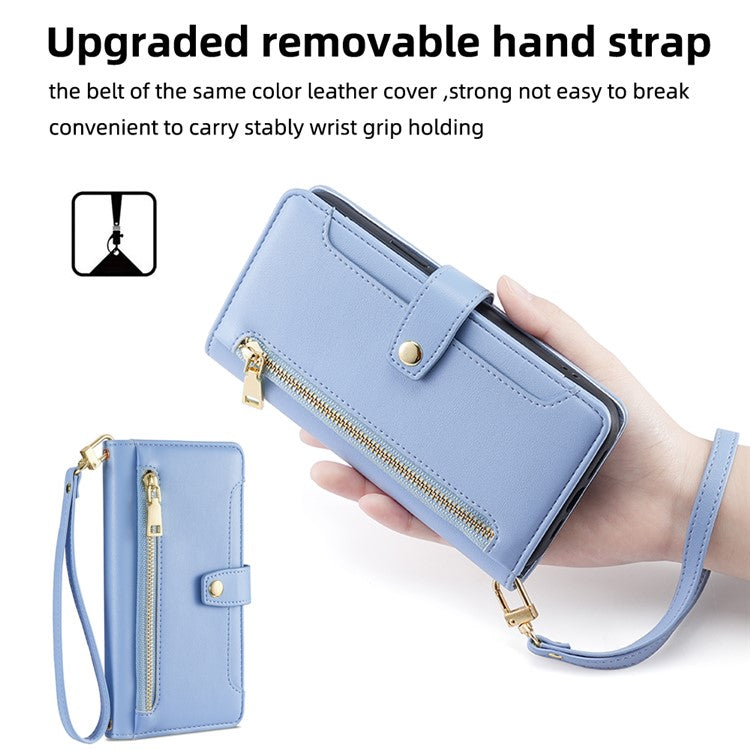 For vivo X90 5G PU Leather Stand Case Zipper Pocket Card Slots Well-protected Flip Phone Cover with Wrist Strap and Shoulder Strap - Blue