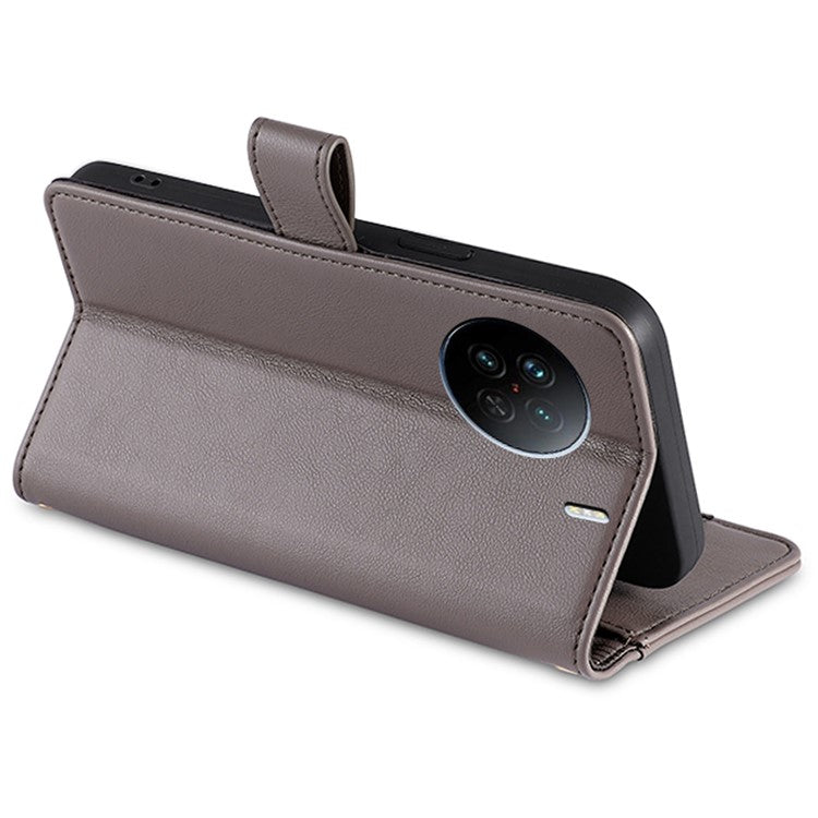 For vivo X90 5G PU Leather Stand Case Zipper Pocket Card Slots Well-protected Flip Phone Cover with Wrist Strap and Shoulder Strap - Grey