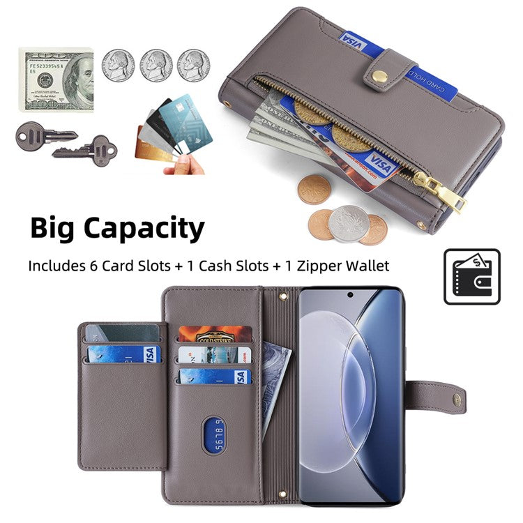 For vivo X90 5G PU Leather Stand Case Zipper Pocket Card Slots Well-protected Flip Phone Cover with Wrist Strap and Shoulder Strap - Grey