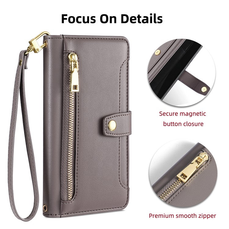 For vivo X90 5G PU Leather Stand Case Zipper Pocket Card Slots Well-protected Flip Phone Cover with Wrist Strap and Shoulder Strap - Grey