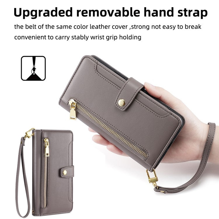 For vivo X90 5G PU Leather Stand Case Zipper Pocket Card Slots Well-protected Flip Phone Cover with Wrist Strap and Shoulder Strap - Grey