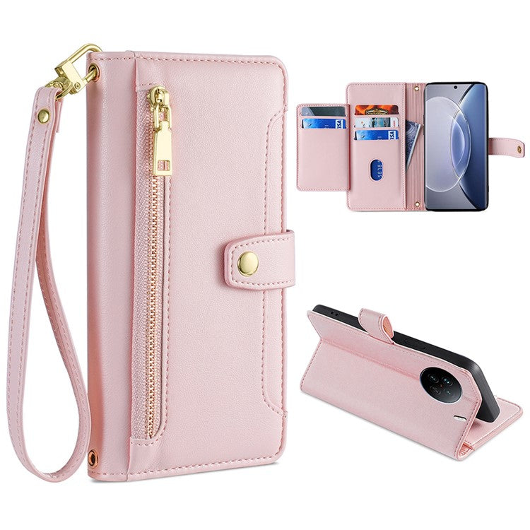 For vivo X90 5G PU Leather Stand Case Zipper Pocket Card Slots Well-protected Flip Phone Cover with Wrist Strap and Shoulder Strap - Pink