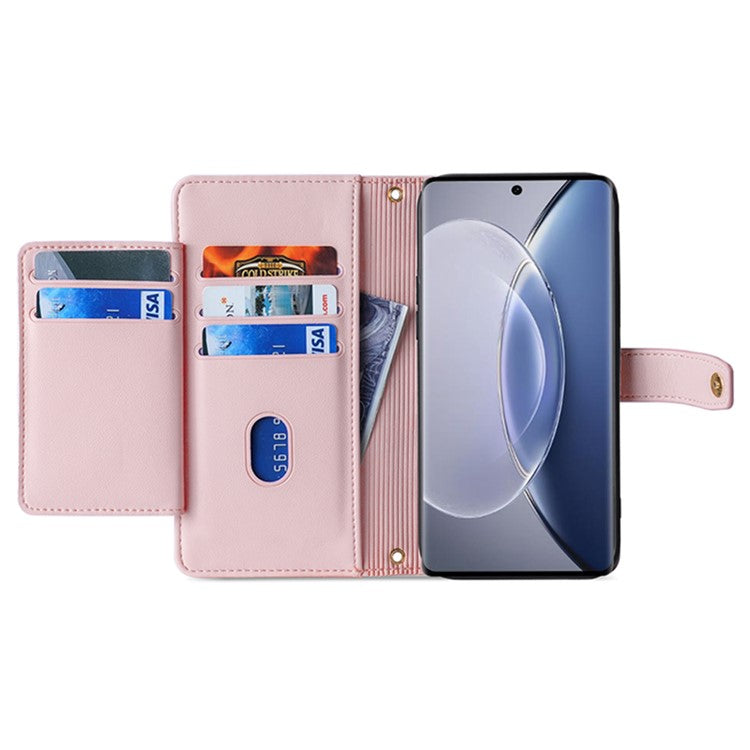 For vivo X90 5G PU Leather Stand Case Zipper Pocket Card Slots Well-protected Flip Phone Cover with Wrist Strap and Shoulder Strap - Pink