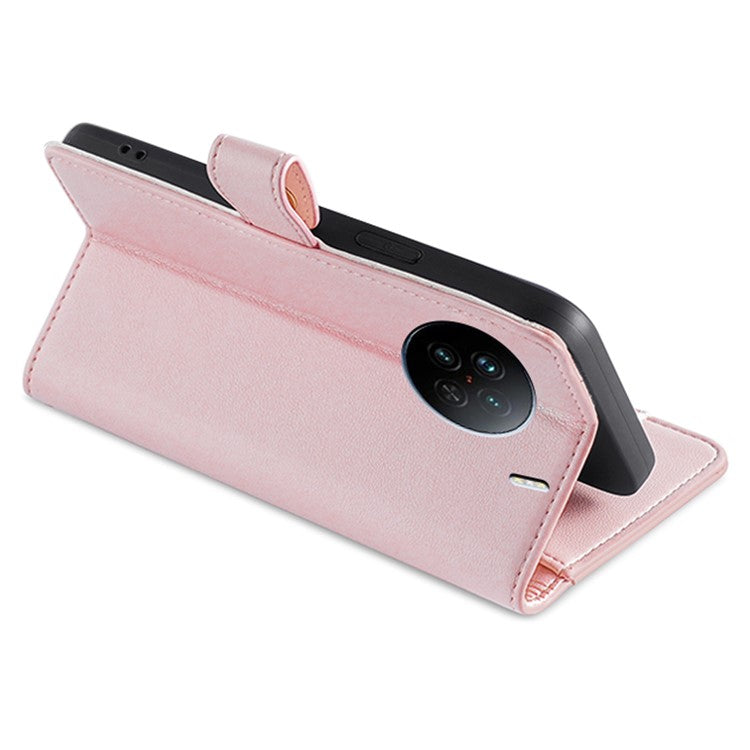 For vivo X90 5G PU Leather Stand Case Zipper Pocket Card Slots Well-protected Flip Phone Cover with Wrist Strap and Shoulder Strap - Pink