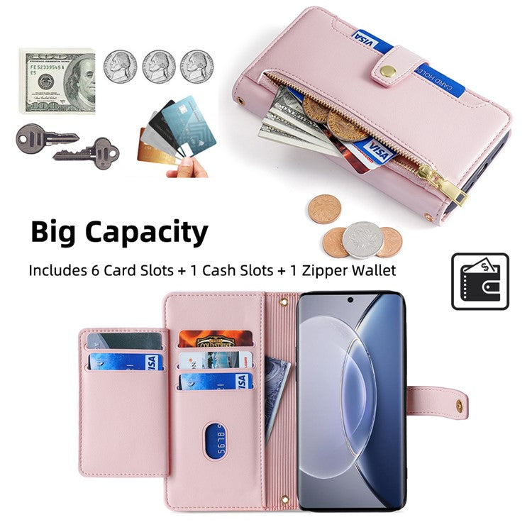 For vivo X90 5G PU Leather Stand Case Zipper Pocket Card Slots Well-protected Flip Phone Cover with Wrist Strap and Shoulder Strap - Pink