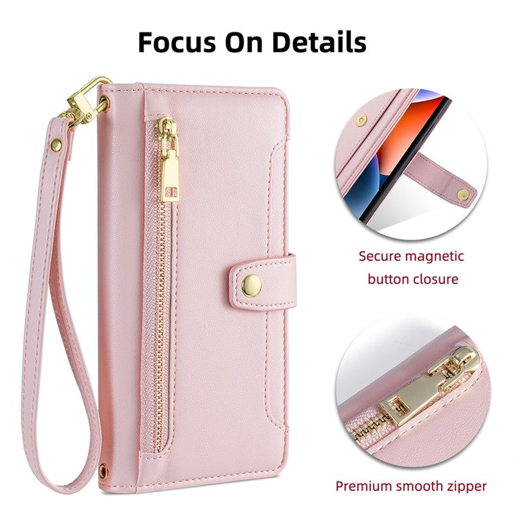 For vivo X90 5G PU Leather Stand Case Zipper Pocket Card Slots Well-protected Flip Phone Cover with Wrist Strap and Shoulder Strap - Pink