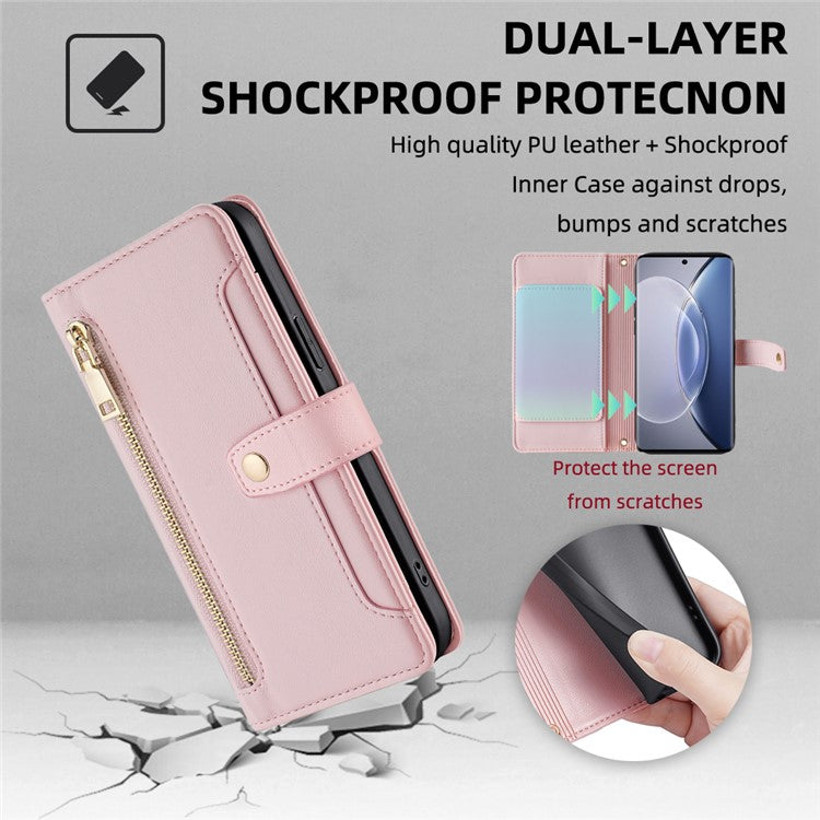 For vivo X90 5G PU Leather Stand Case Zipper Pocket Card Slots Well-protected Flip Phone Cover with Wrist Strap and Shoulder Strap - Pink