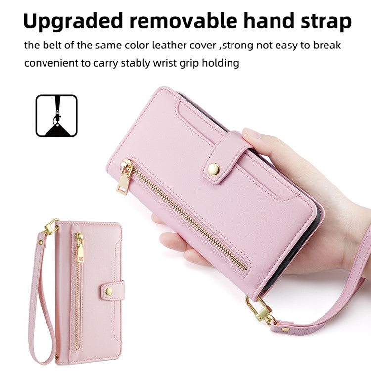 For vivo X90 5G PU Leather Stand Case Zipper Pocket Card Slots Well-protected Flip Phone Cover with Wrist Strap and Shoulder Strap - Pink